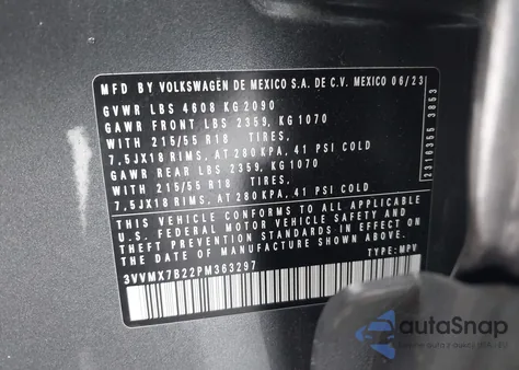 2023 Volkswagen Taos 1.5T S z USA, uszkodzony, nr VIN 3VVMX7B22PM363297